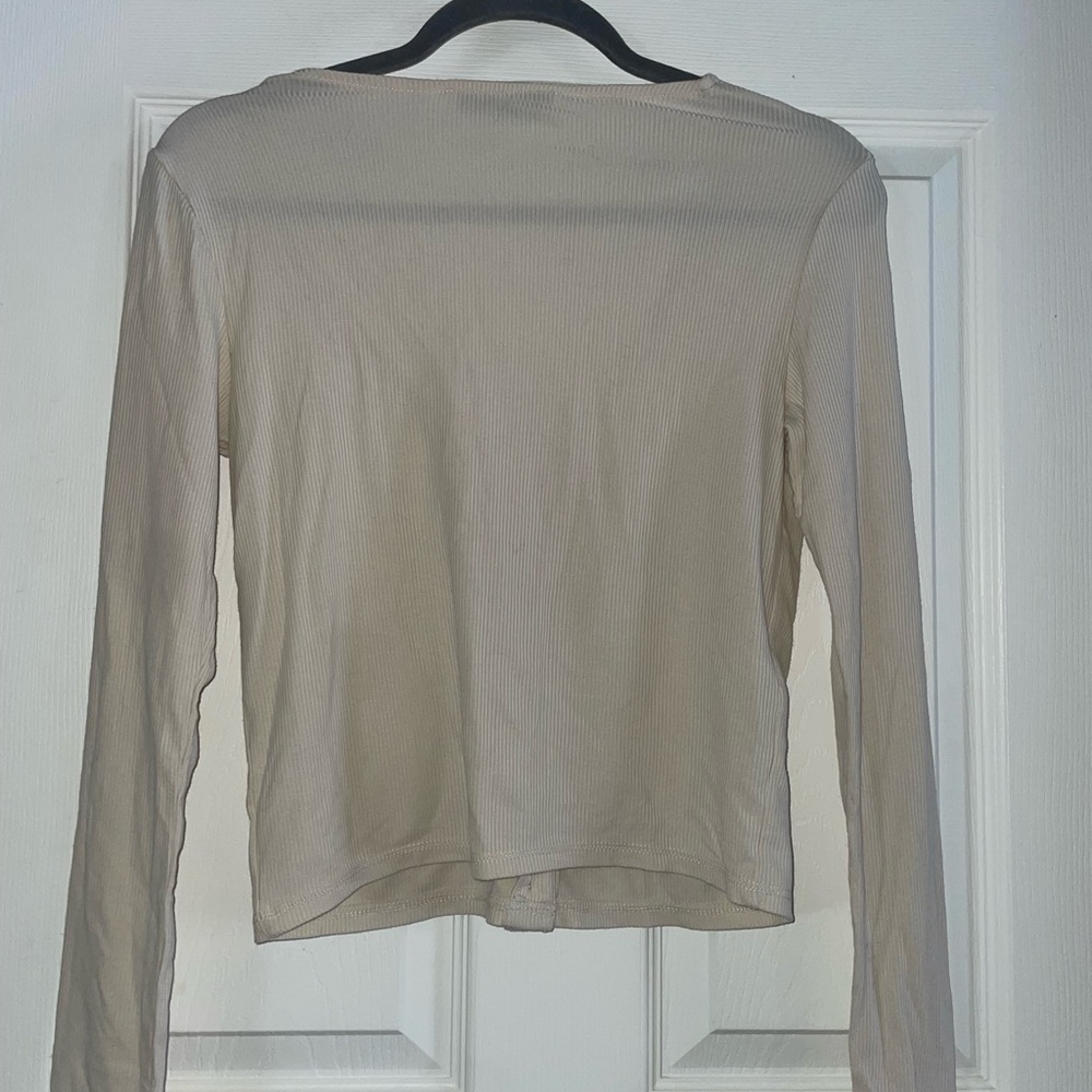 Mango Beige Ribbed Button-Down V-Neck Top - Picture 3 of 4